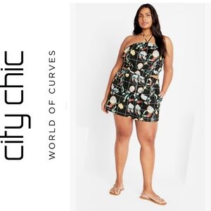 City Chic Women's Plus Size Playsuit - Postcards Print Cotton. Size 14